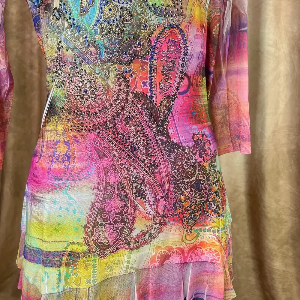 Vintage Y2K Boho Top Rhinestone Mesh Paisley Floral 3/4 Sleeve Ruffled Rainbow - Picture 2 of 10